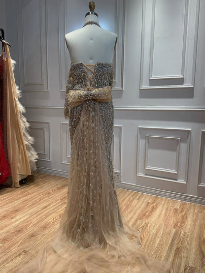 Luxury Nude Crystal Beaded Halter Mermaid Evening Dress LA73948