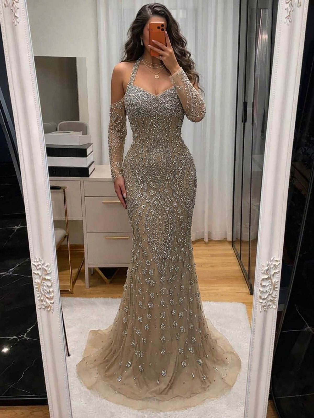 Luxury Nude Crystal Beaded Halter Mermaid Evening Dress LA73948