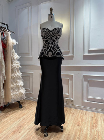 Luxury Black Crystal Beaded Peplum Mermaid Evening Dress LA73949