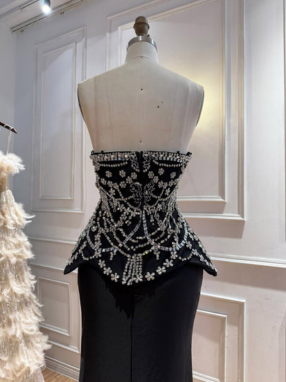 Luxury Black Crystal Beaded Peplum Mermaid Evening Dress LA73949
