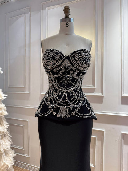 Luxury Black Crystal Beaded Peplum Mermaid Evening Dress LA73949