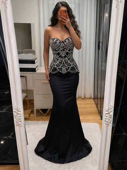 Luxury Black Crystal Beaded Peplum Mermaid Evening Dress LA73949