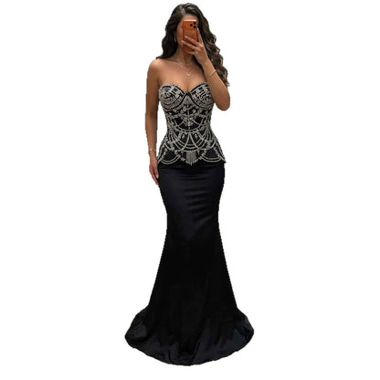 Luxury Black Crystal Beaded Peplum Mermaid Evening Dress LA73949