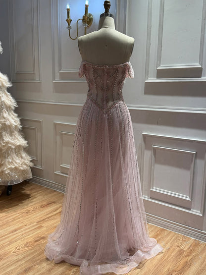 Luxury Caramel Crystal Beaded Off Shoulder A Line Evening Dress LA73951