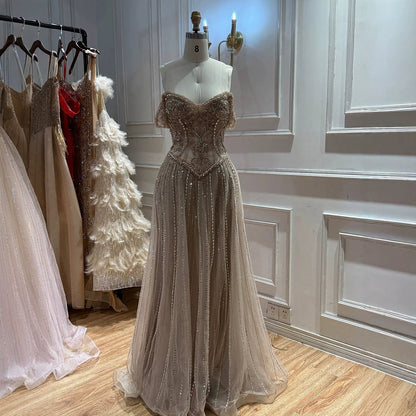 Luxury Caramel Crystal Beaded Off Shoulder A Line Evening Dress LA73951