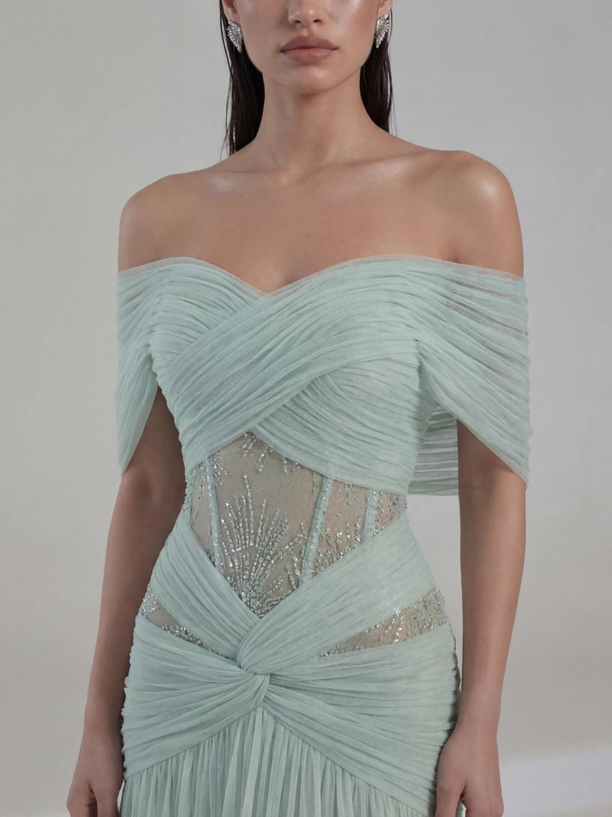 Luxury Sage Green Beaded Off Shoulder Chiffon A Line Dress LA73958
