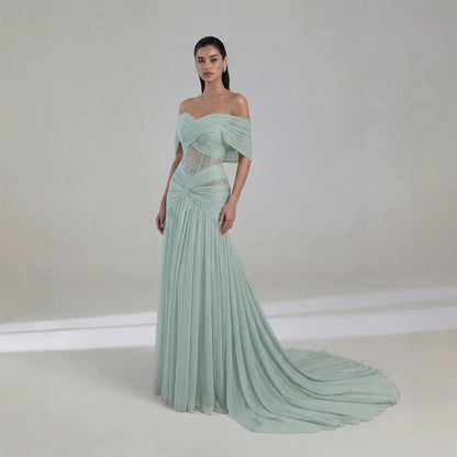 Luxury Sage Green Beaded Off Shoulder Chiffon A Line Dress LA73958