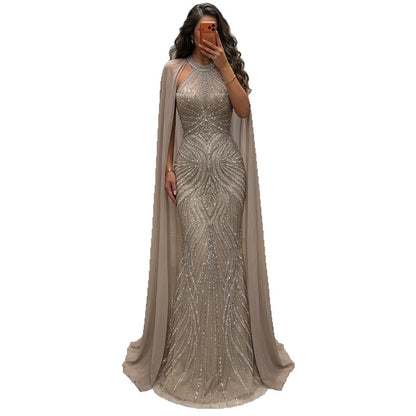 Luxury Nude Beaded Mermaid Evening Dress with Cape Sleeves LA77256