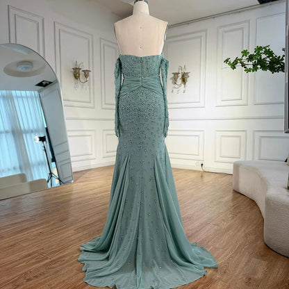 Luxury Turquoise Strapless Beaded Evening Dress with Gloves LA72933