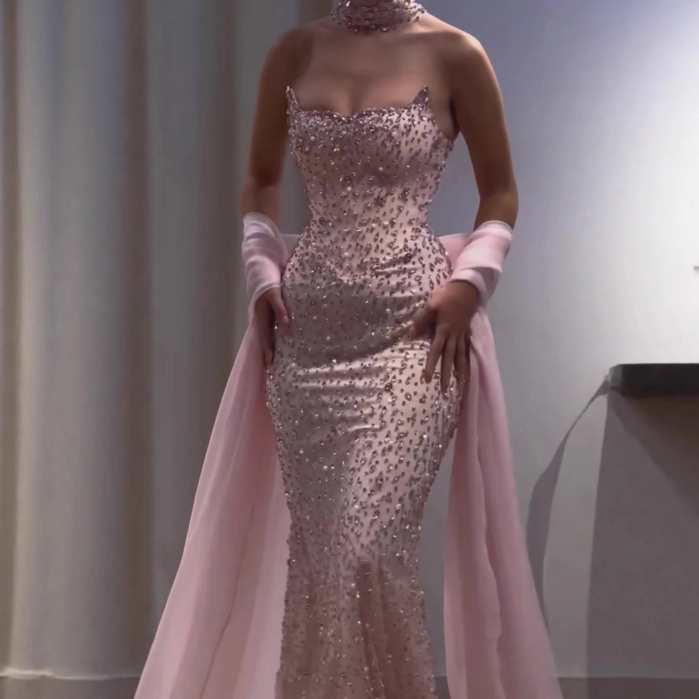 Luxury Pink Diamond Evening Dress with Cape Gown for Wedding Party LA73225