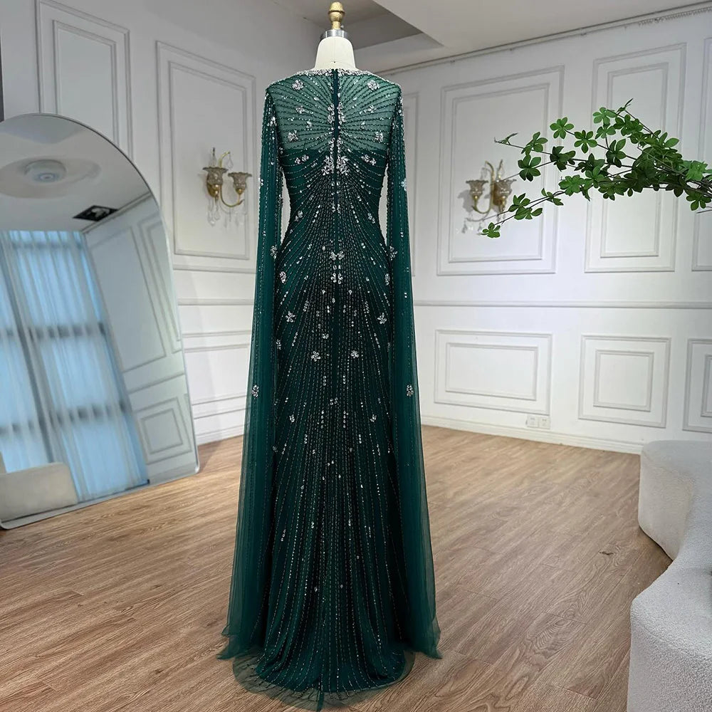 Luxury Green Beaded Mermaid Dress with Cape Sleeves LA73115