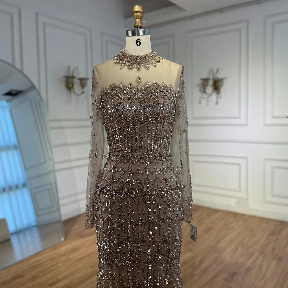 Luxury Arabic Turquoise Beaded Mermaid Evening Dress Long Sleeve LA72714C