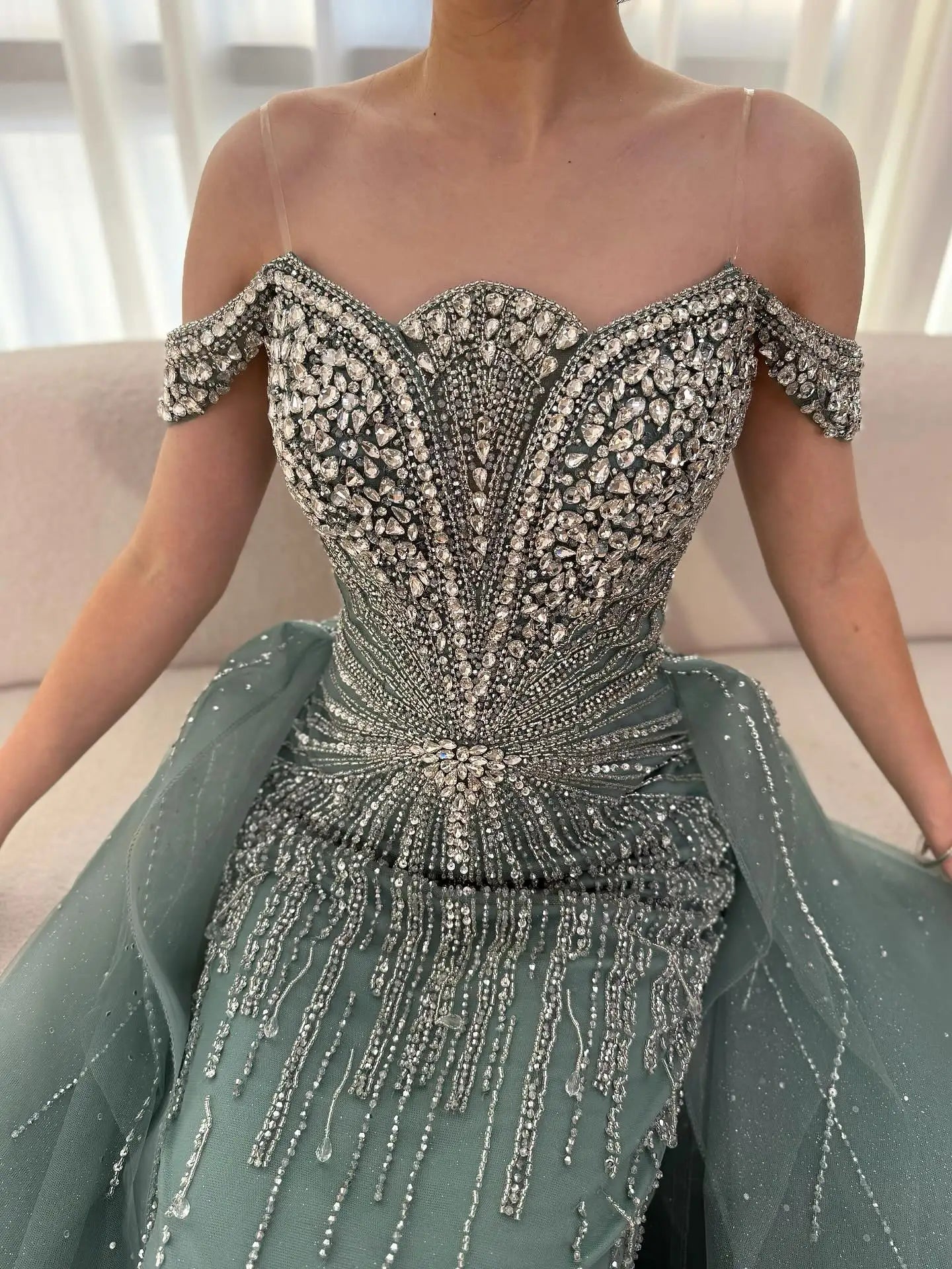 Luxury Beaded Nude Off Shoulder Mermaid Evening Dress LA73392