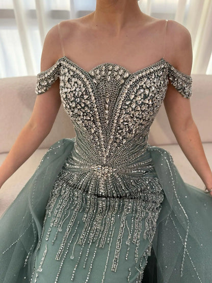 Luxury Beaded Nude Off Shoulder Mermaid Evening Dress LA73392