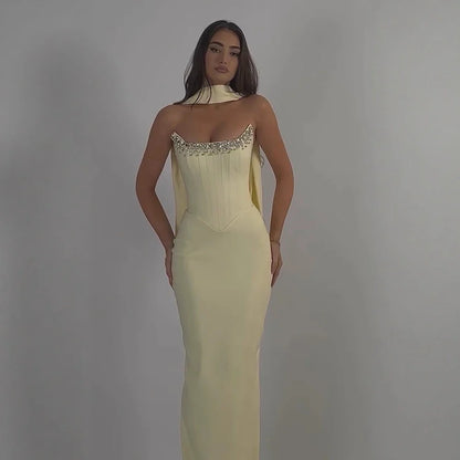Luxury Yellow Crystal Beaded Mermaid Luxury Evening Dress Elegant LA73175A