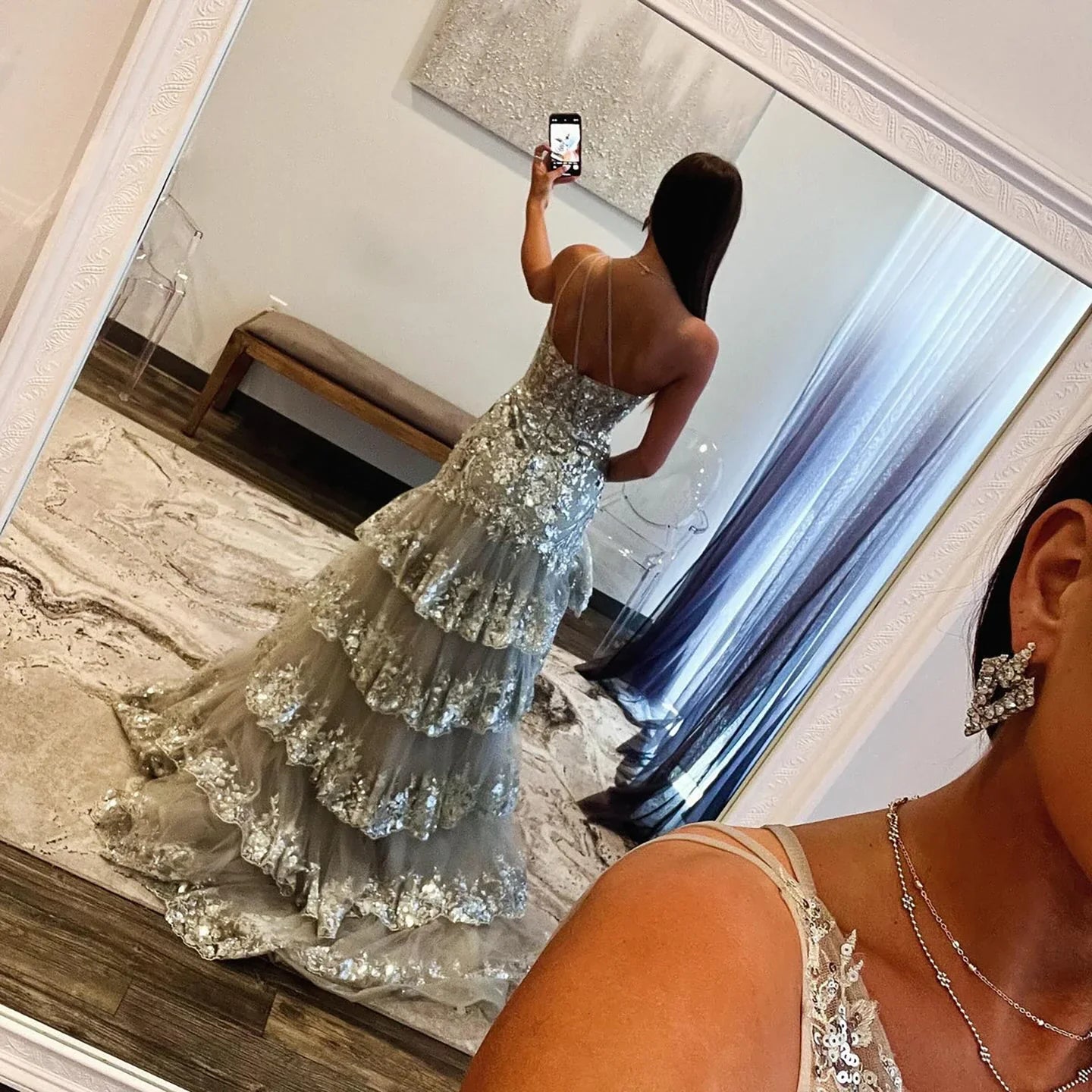 Luxury Silver Tiered Beaded One Shoulder Formal Evening Dress LA72593B