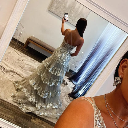 Luxury Silver Tiered Beaded One Shoulder Formal Evening Dress LA72593B