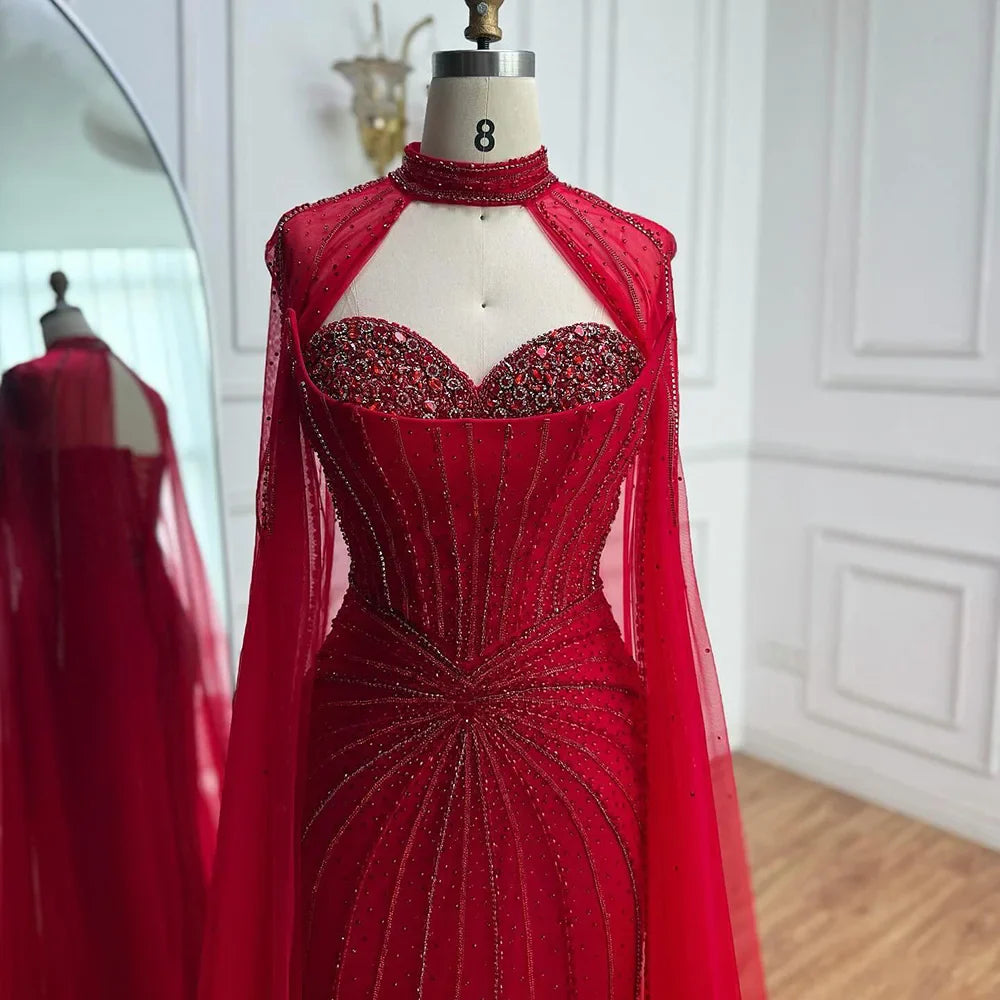 Nude Luxury Beaded Mermaid Evening Gown with Cape Sleeves LA72811A