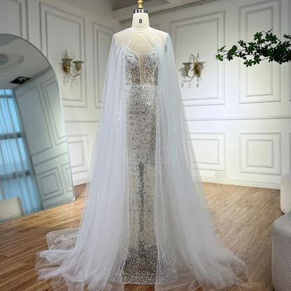 Luxury White Sequin Mermaid Evening Dress with Cape LA72996