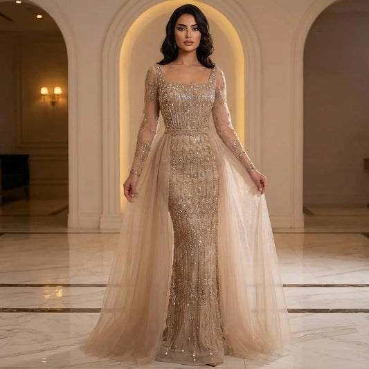 Luxury Arabic Square Neck Beaded Mermaid Evening Dress LA72714D