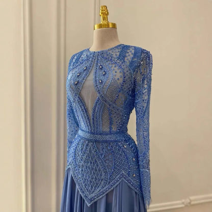 Luxury Designer  Blue Beaded Evening Dress with Long Sleeves LA72962