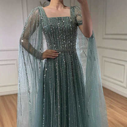 Luxury Dubai Square Neck Beaded Evening Gown with Cape LA73188