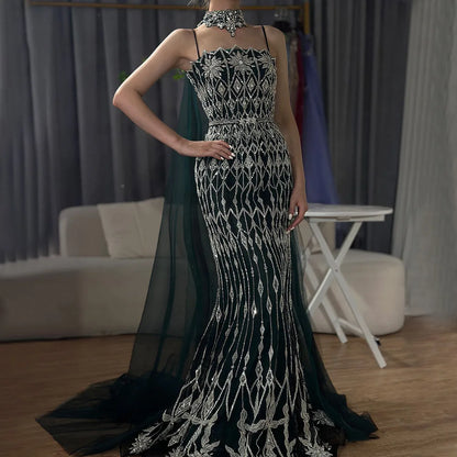 Luxury Nude Beaded Mermaid Evening Dress with Cape LA72711