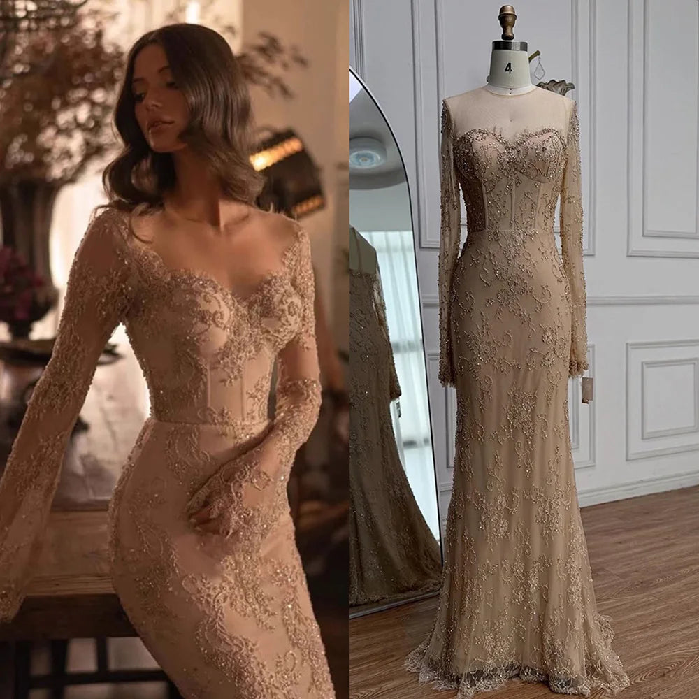 Luxury Arabic Lace Beaded Mermaid Evening Dress with Sleeves LA72545