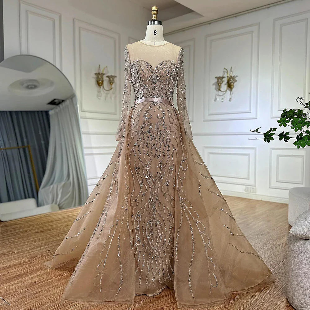 Luxury Dubai   Pink Beaded Saudi Arabic Mermaid Evening Gown with Sheer Long Sleeves for Formal Occasion LA72875