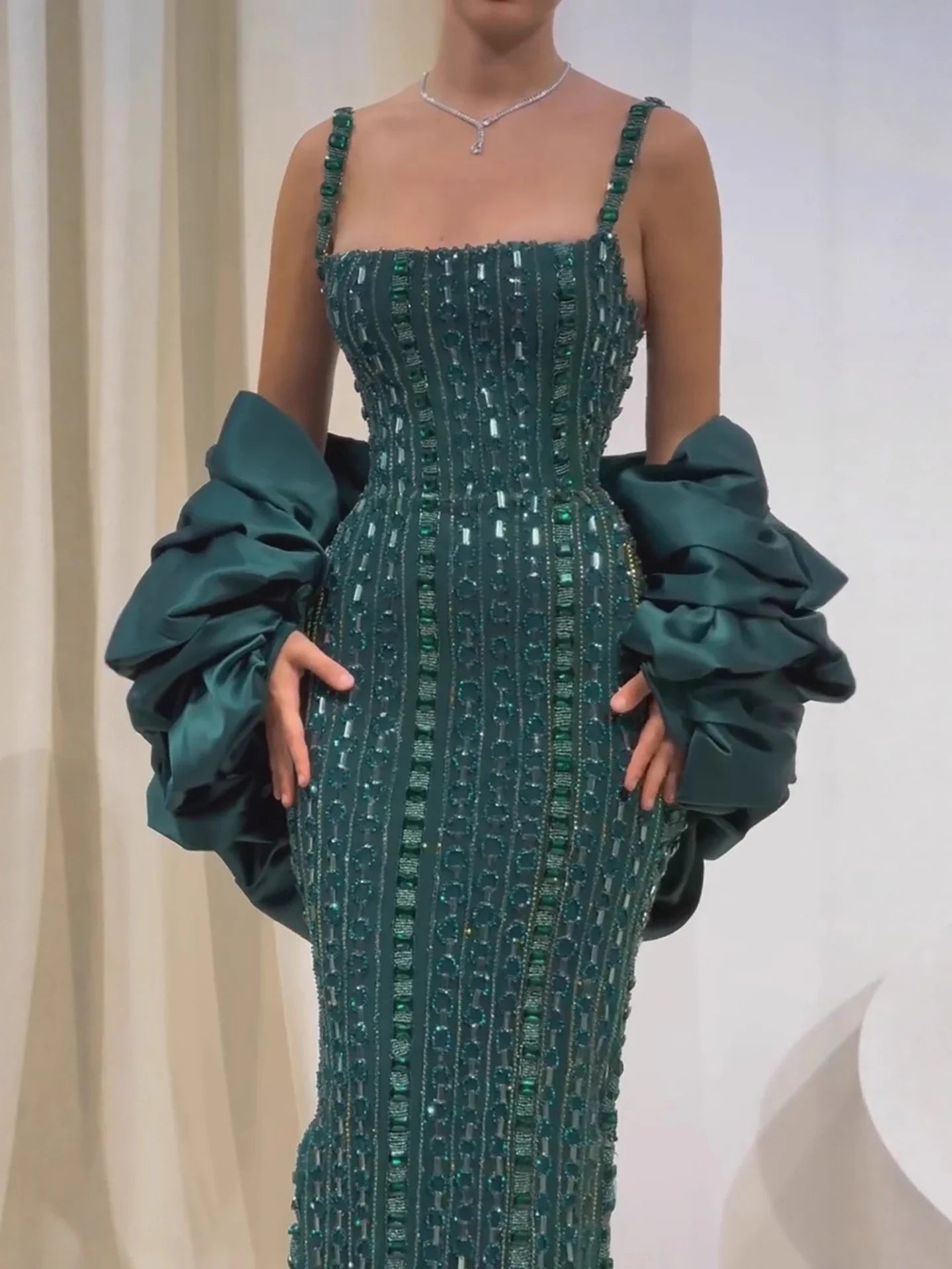 Luxury Kosovo Green Square Beaded Evening Dress with Cape LA73355
