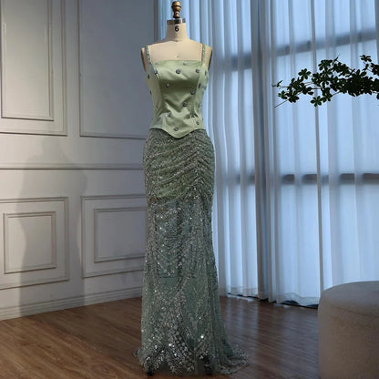 Luxury Sage Green Beaded 1 Pieces Evening Dress LA72977