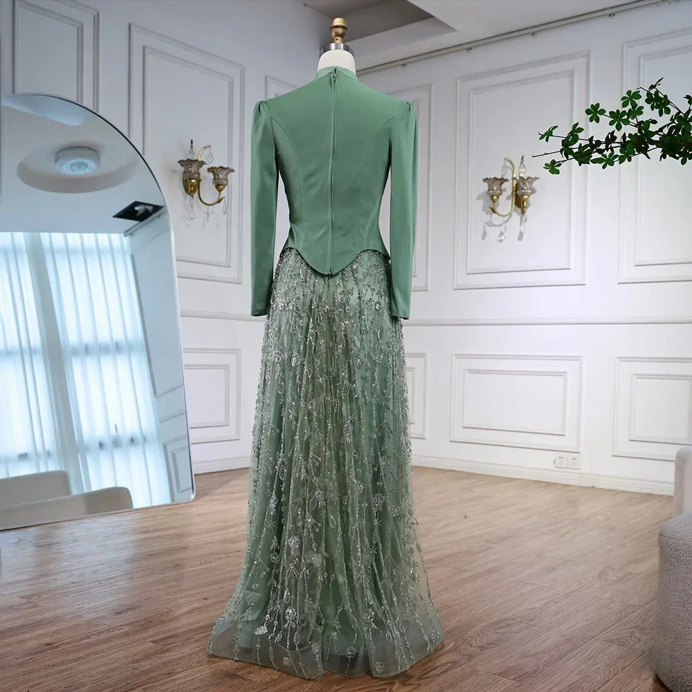 Luxury Sage Green Muslim Beaded Evening Dress LA72805A