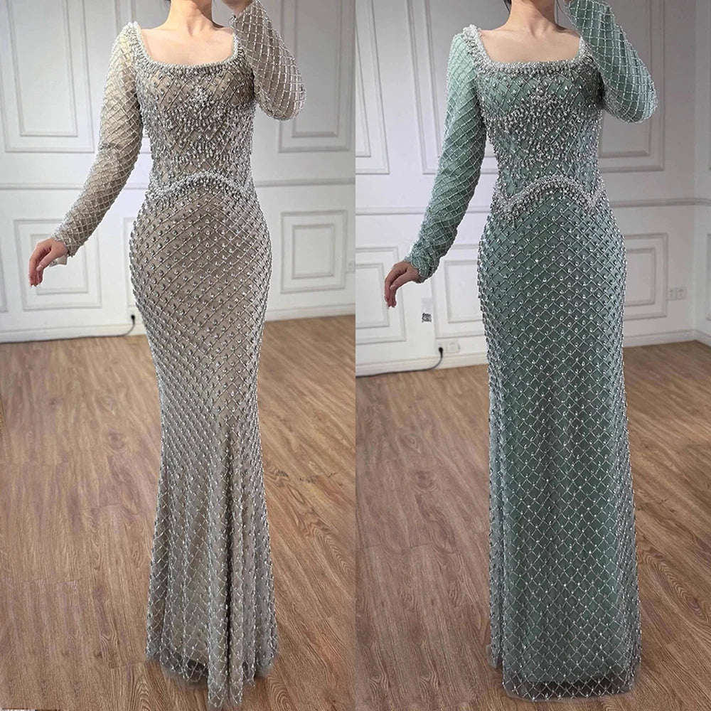 Modest Pearl Beaded Mermaid Evening Dress with Long Sleeves LA72919A
