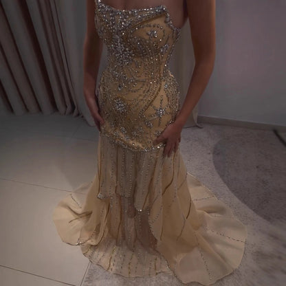 Luxury Gold Diamond Evening Dress with Cape for Wedding Party LA73224