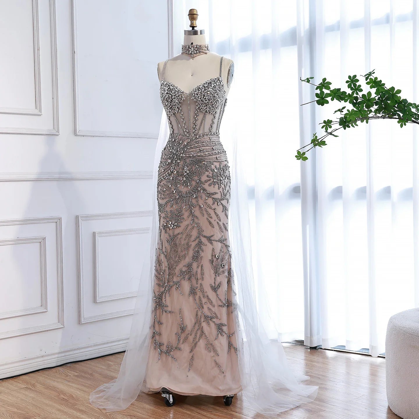 Luxury Evening Dress Grey Beaded With Cape Prom Gown LA73342