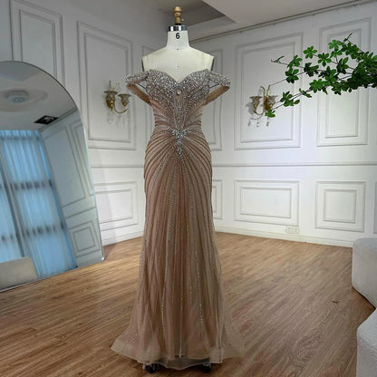 Luxury Nude Arabic Crystal Beaded Mermaid Off Shoulder Evening Dress LA73128