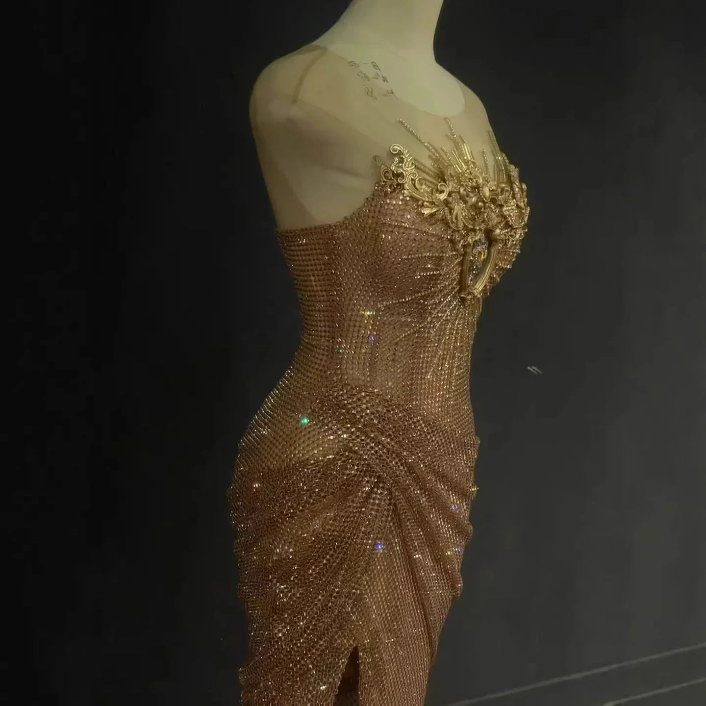 Luxury Saudi Arabic Nude Beaded High Split Evening Dress LA73436