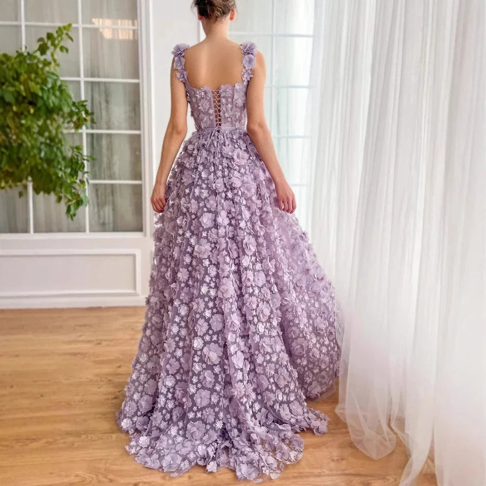 Luxury Lilac 3D Floral Embroidered Split Evening Dress LA72959