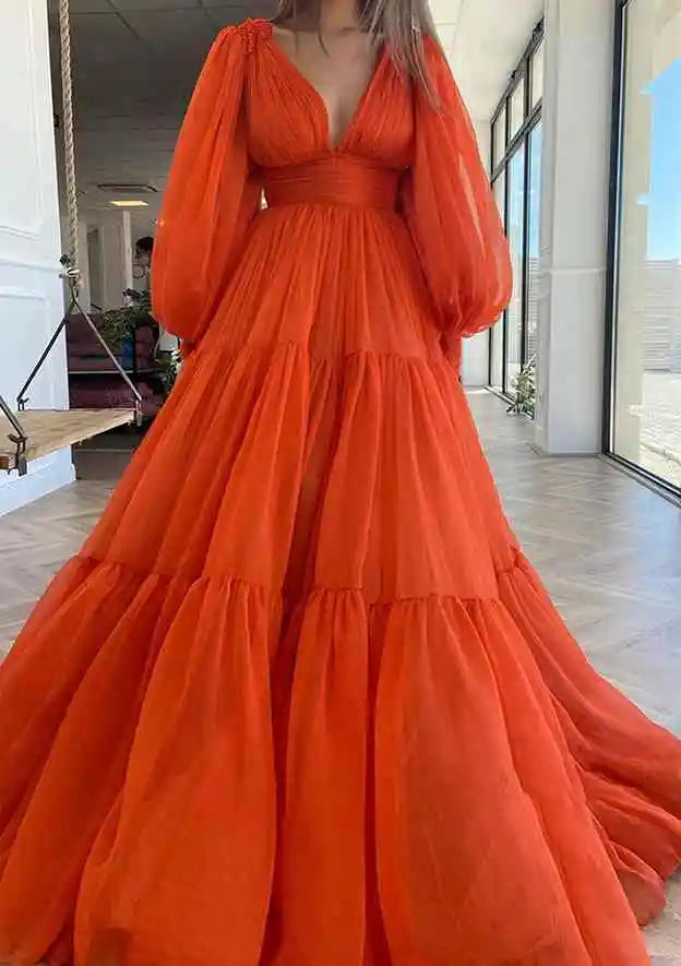Serene Hill  Arabic Red A-Line Long Sleeve Floor-Length Chiffon Prom Dress with Pleats for Women's Party LA72688