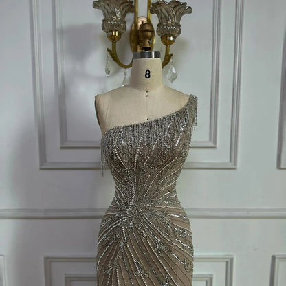 Luxury Caramel One Shoulder Beaded Slit Evening Gown with Tassel Detail LA72926