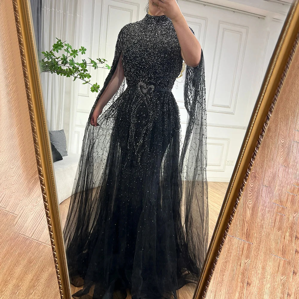 Luxury Blue A-Line High Neck Beaded Evening Dress with Cape Sleeves LA70066B