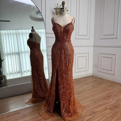 Orange Beaded Evening Dress with Slit Spaghetti Straps LA72542