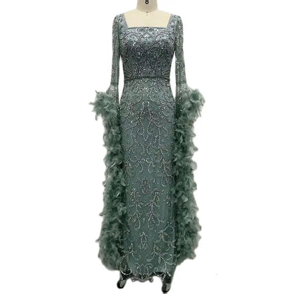 Luxuriöses Dubai-Abendkleid mit ausgestellten Ärmeln, Meerjungfrau-Stil, türkisfarbenen Perlen und Federn, für formelle Anlässe, LA72767 
