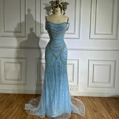 Luxury Crystal Silver Gray Pearl Beaded Evening Dress LA72253
