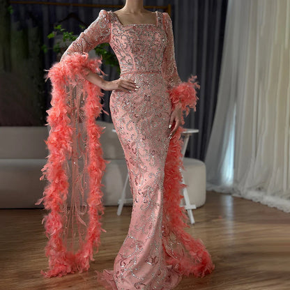 Luxuriöses Dubai-Abendkleid mit ausgestellten Ärmeln, Meerjungfrau-Stil, türkisfarbenen Perlen und Federn, für formelle Anlässe, LA72767 