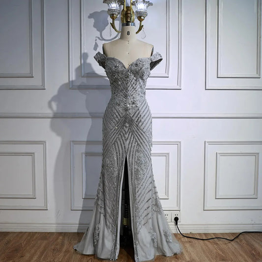 Luxury Silver Gray Off Shoulder Mermaid Evening Dress LA73018