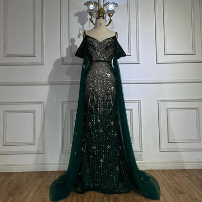 Serene Hill  Spaghetti Strap Blue Mermaid Beaded Luxury Evening Dress with Cape Sleeves for Formal Occasion Saudi LA72707