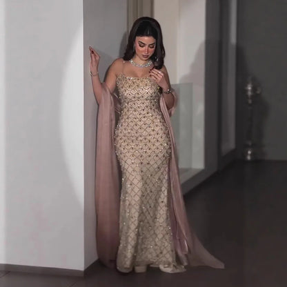 Luxury Pink Beaded Mermaid Evening Dress with Cape LA73366