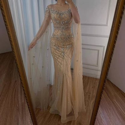 Luxury Pink Saudi Arabic Crystal Beaded Mermaid Evening Dress with Cape Sleeves LA73137