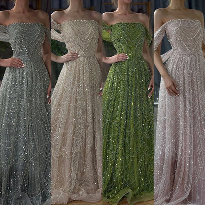 Luxury Beaded Champagne Off-Shoulder Evening Dress LA72738